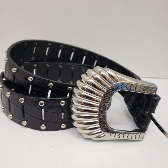 Harley Davidson Lg womens black leather belt silver buckle Waist 34-38 Flawed - Picture 8 of 8